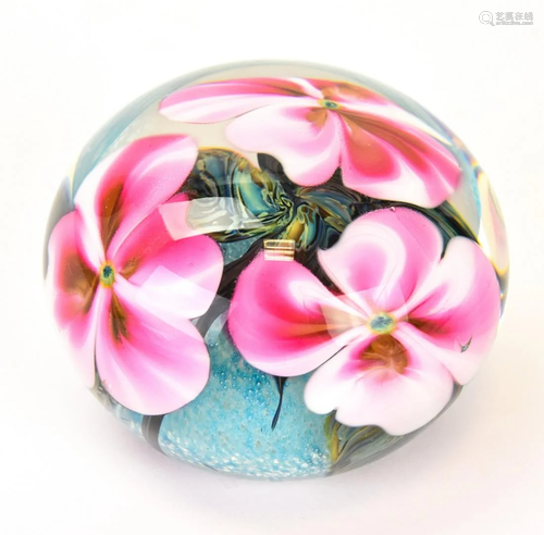 Signed Art Glass Floral Motif Paperweight