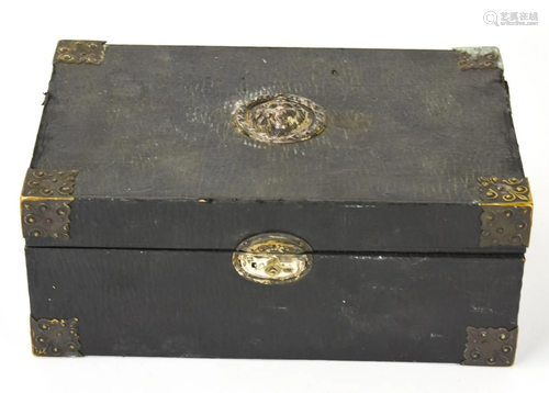 Antique 19th C Leather Jewelry Box w Lion Head