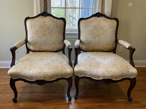 Pair Carved Custom Upholstered Bergere Chairs