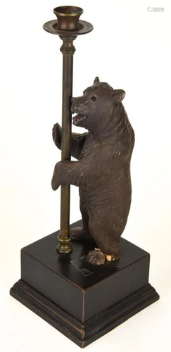 Carved Black Forest Bear Candlestick on Metal Base