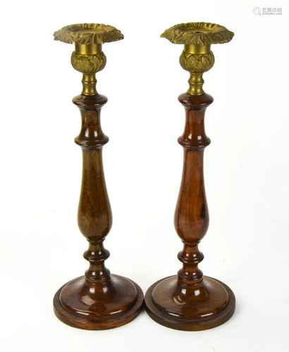 Pair Brass & Turned Wooden Taper Candle Holders