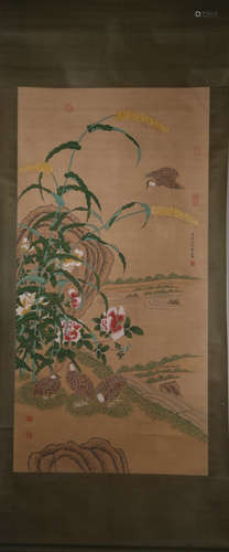 JIANG TINGXI FLOWER BIRD PAINTING HANGING SCROLL