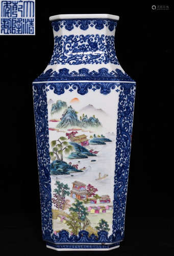 QIANLONG MARK BLUE&WHITE FAMILLE ROSE GLAZE VASE