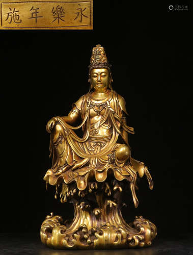 YONGLE MARK GILT BRONZE GUANYIN STATUE