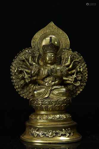 GILT BRONZE CAST MULTI ARMS BODHISATTVA SEATED FIGURE