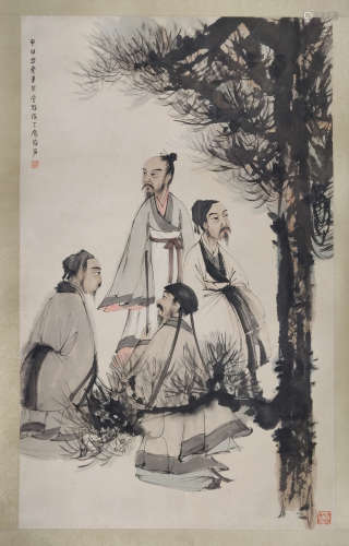 FU BAOSHI: INK AND COLOR ON PAPER PAINTING 'SCHOLARS'