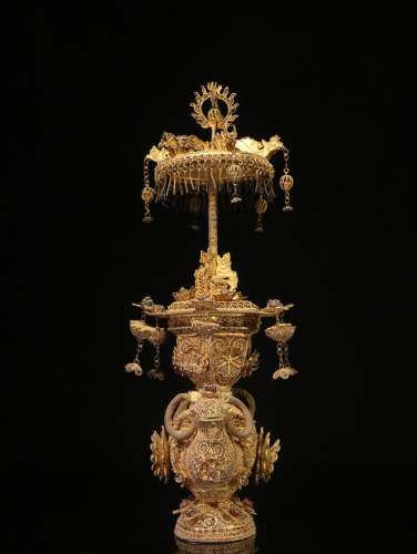 SILVER AND GILT FILIGREE 'FLOWERS AND RAMS' LANTERN FIGURE