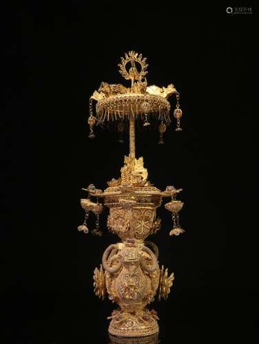 SILVER AND GILT FILIGREE 'FLOWERS AND RAMS' LANTERN FIGURE