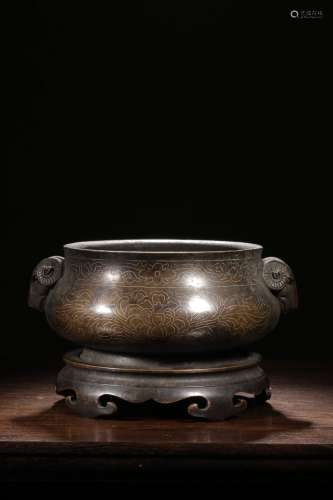 BRONZE CAST AND SILVER INLAID COMPRESSED CENSER WITH RAM MAS...