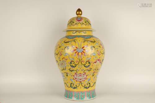 YELLOW GROUND CARVINGS AND FAMILLE ROSE FOLIAGE GENERAL JAR