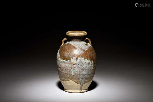 BROWN GLAZED JAR WITH TWO HANDLES