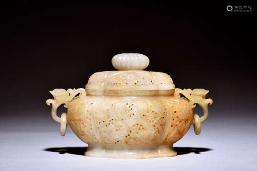 CARVED WHITE JADE ‘SUNFLOWERS' CENSER WITH LID
