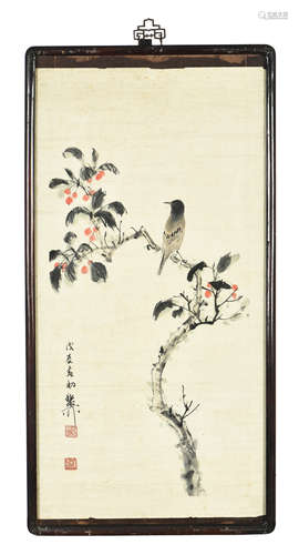 XIE ZHILIU: FRAMED INK AND COLOR ON PAPER PAINTING 'BIRDS AN...