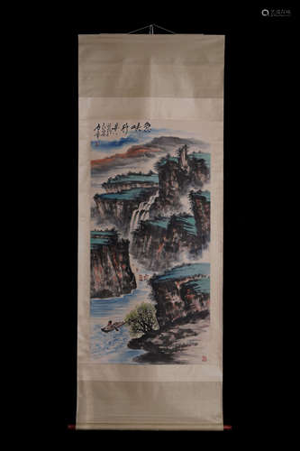 SHI LU: INK AND COLOR ON PAPER PAINTING 'LANDSCAPE SCENERY'