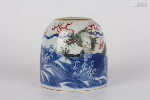 BLUE WHITE DOUCAI DRAGON SEA WAVES POT