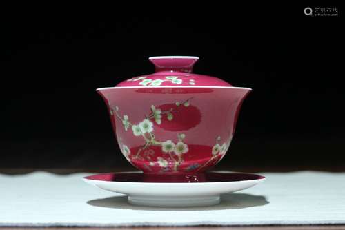 RED GLAZING FLOWERS TEABOWL SET