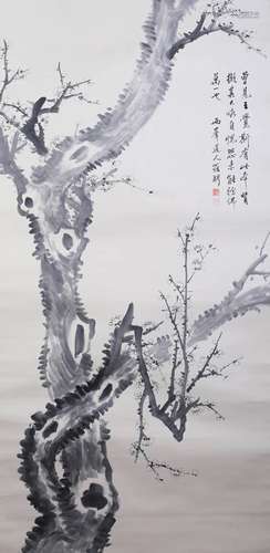 A CHINESE PLUM BLOSSOM PAINTING SCROLL, LUO PIN MARK