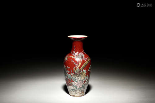 RED GROUND 'FLOWERS AND BIRDS' VASE