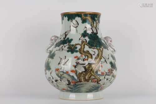 FAMILLE ROSE CRANES FLORAL VASE