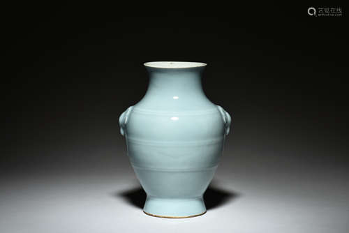 SKY BLUE MONOCHROME GLAZED VASE WITH RAM HANDLES