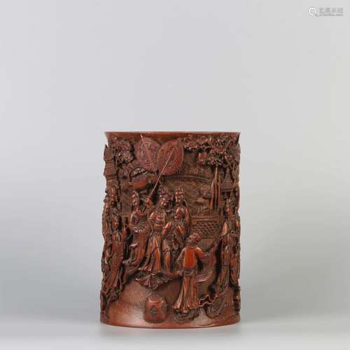 A WOOD CARVED FIGURES PATTERN BRUSH POT