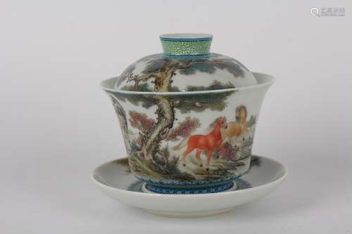 ENAMEL HORSES AND LANDSCAPE TEA BOWL SET