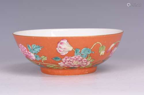 A CORAL GROUND FLOWER PORCELAIN BOWL