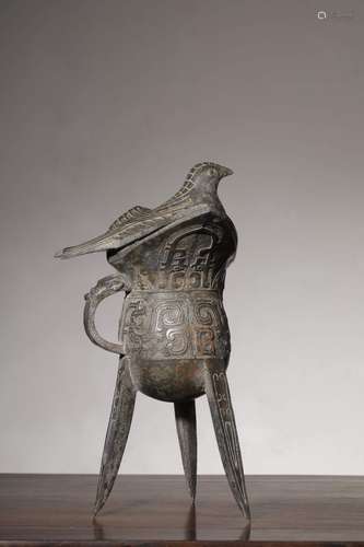 ARCHAIC BRONZE CAST 'BIRD AND INSCRIPTION' TRIPOD RITUAL WIN...