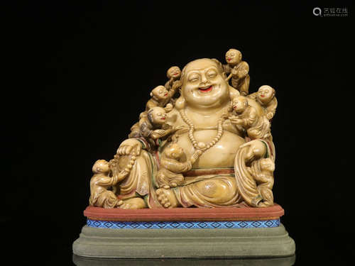 SHOUSHAN STONE CARVED 'MAITREYA BUDDHA' SEATED FIGURE