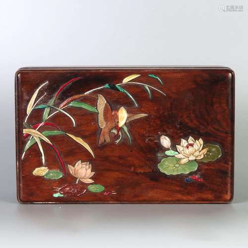 A GEM INLAID FLOWER&BIRD PATTERN HUANGHUALI WOOD HOLDING BOX