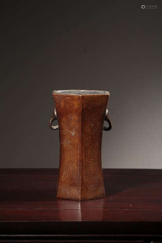 BRONZE CAST AND SILVER INLAID HEXAGONAL GU VASE WITH HANDLES