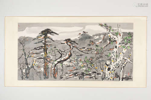 WU GUANZHONG: INK AND COLOR ON PAPER PAINTING 'LANDSCAPE SCE...