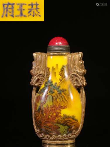 YELLOW GLASS AND PAINTED 'LANDSCAPE SCENERY' SNUFF BOTTLE