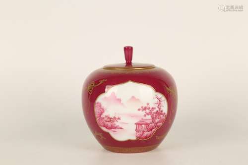 RED GLAZING GILT OPEN MEDALLION LANDSCAPE JAR WITH LID