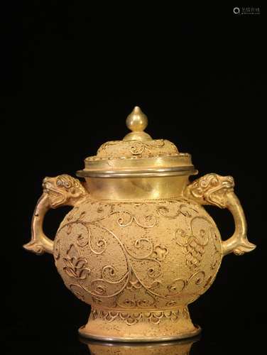 BRONZE CAST AND GILT FILIGREE 'FLOWERS AND BEAST' JAR WITH L...