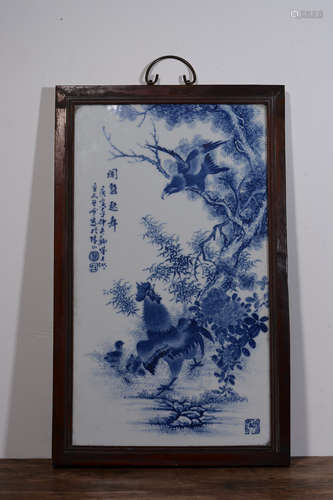 FRAMED BLUE AND WHITE 'ROOSTER' RECTANGULAR PLAQUE