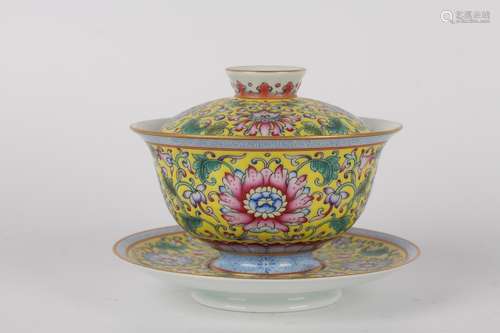 YELLOW GROUND FLORAL TEA BOWL SET