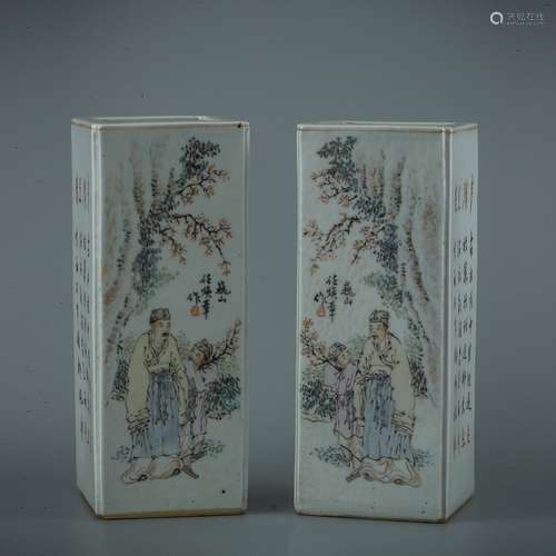 A PAIR OF INSCRIBED FIGURES LIGHT COLORFUL PORCELAIN SQUARE ...