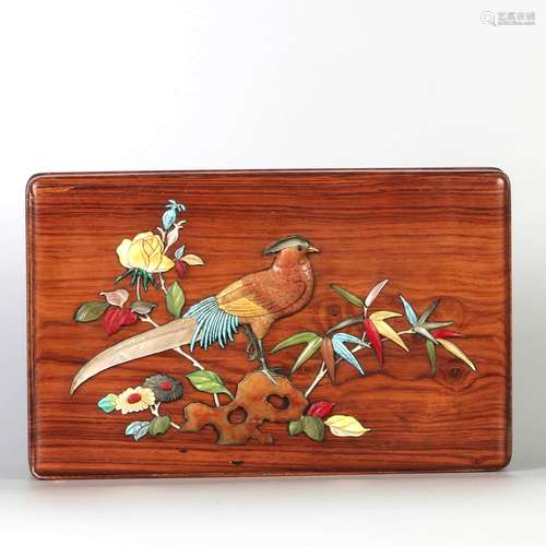 A GEM INLAID FLOWER&BIRD PATTERN HUANGHUALI WOOD HOLDING BOX