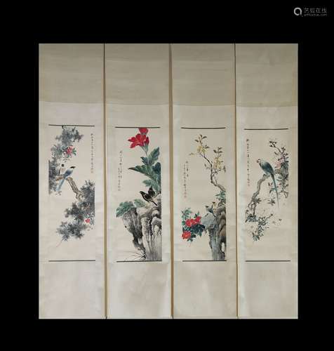 BIRDS FLOWERS SCROLL SET BY YAN BOLONG