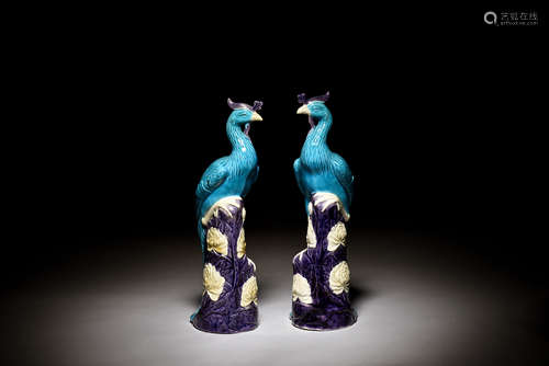 PAIR OF GLAZED AND CARVED PEACOCKS