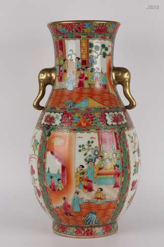 GOLD GROUND FLORAL AND FIGURE VASE WITH HANDLES