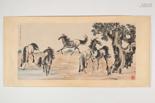 XU BEIHONG: INK AND COLOR ON PAPER PAINTING 'HORSES'