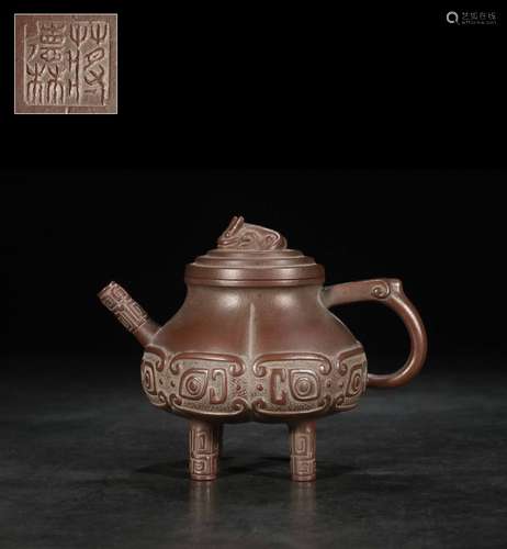 YIXING ZISHA 'TAOTIE' STEM FOOT AND LOBED TEAPOT