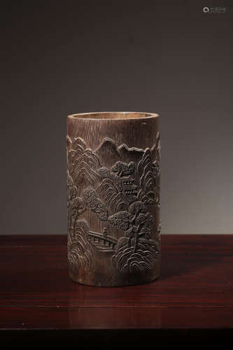 BAMBOO CARVED 'LANDSCAPE SCENERY' BRUSH POT