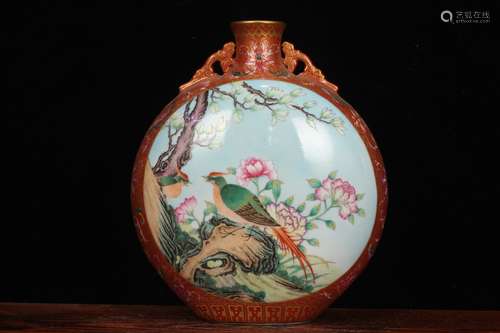 RED GROUND OPEN MEDALLION FLORAL BIRDS VASE