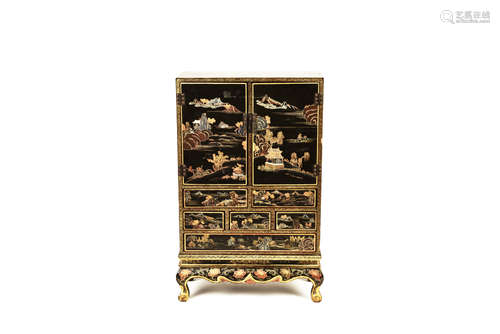 LACQUER AND GILT 'LANDSCAPE SCENERY' CABINET