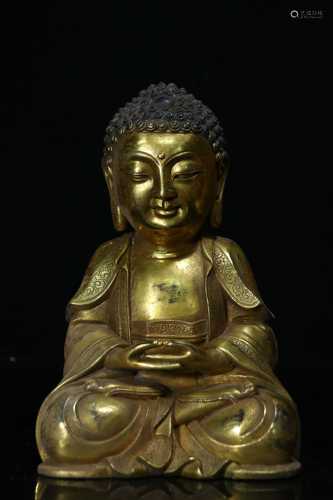 GILT BRONZE CAST SHAKYAMUNI SEATED FIGURE