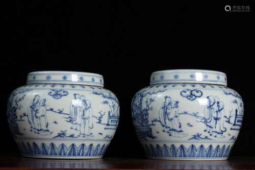 BLUE WHITE STORY MOTIF POT PAIR WITH LIDS