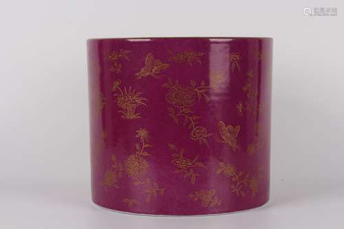 RED GLAZING GILT FLORAL BRUSH POT